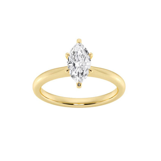 1 carat 14k yellow gold marquise diamond engagement ring, lab grown and ethics