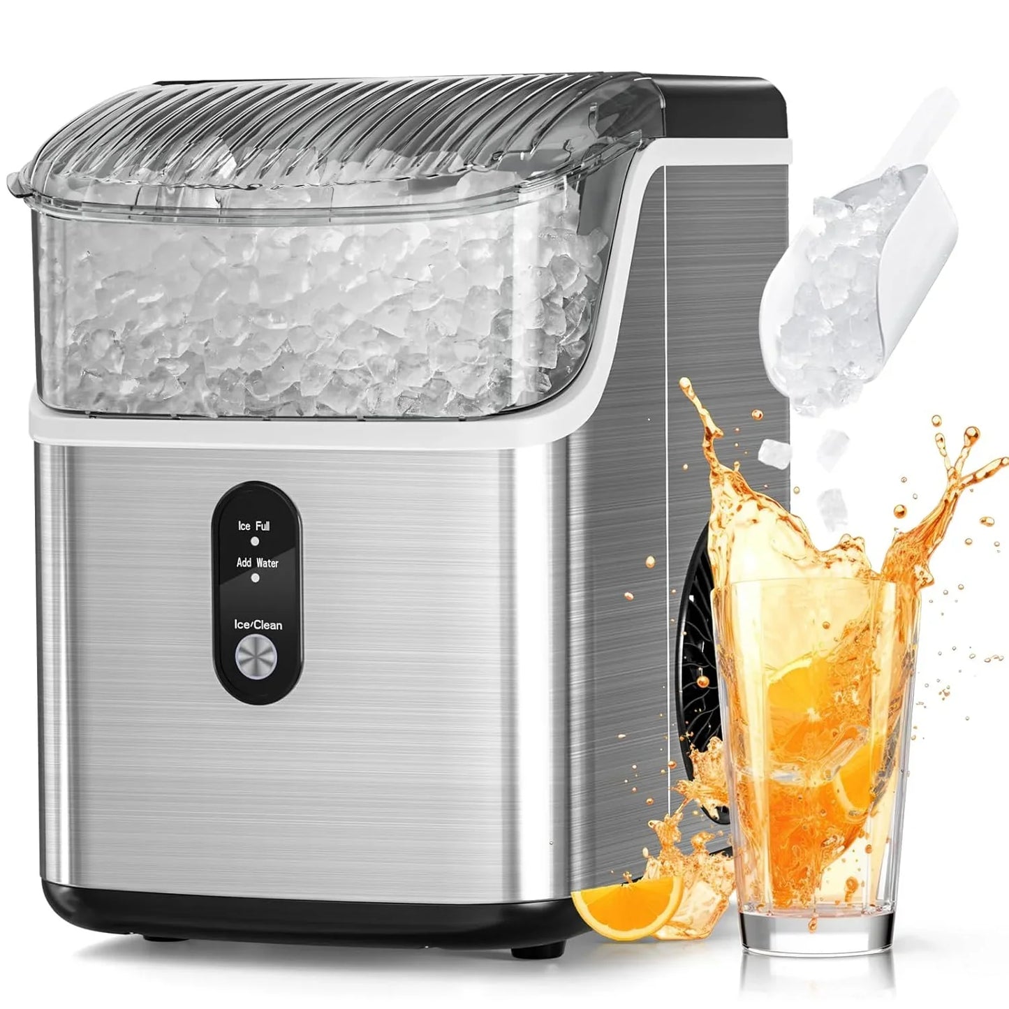 Ice Makers Countertop, Pebble Ice Machine with Chewable Pellet Ice, 34Lbs/24H, Self-Cleaning, Sonic Ice, One-Click Operation, for Kitchen,Office Stainless Steel Black