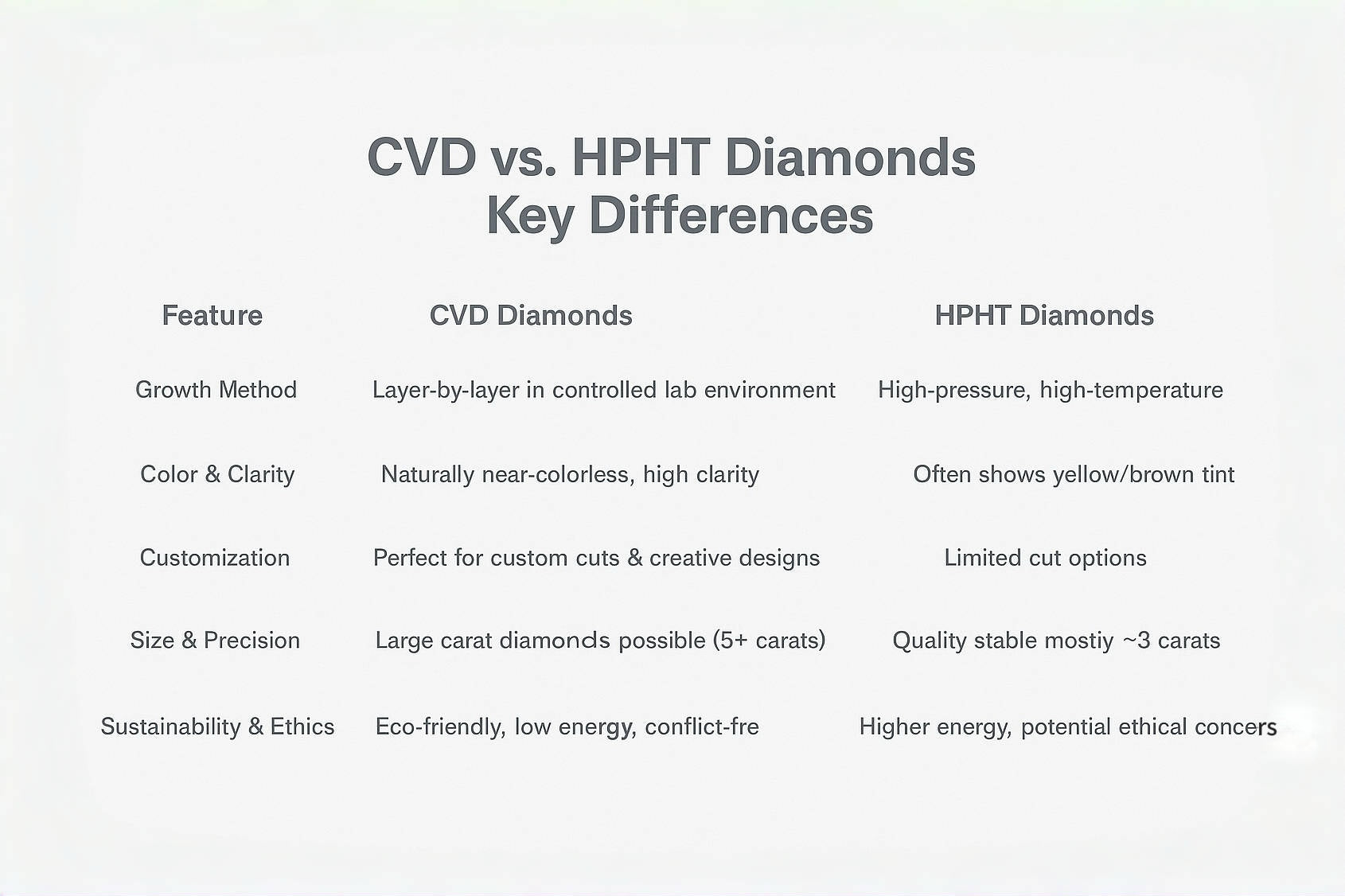 the key difference between CVD and HPHT diamonds