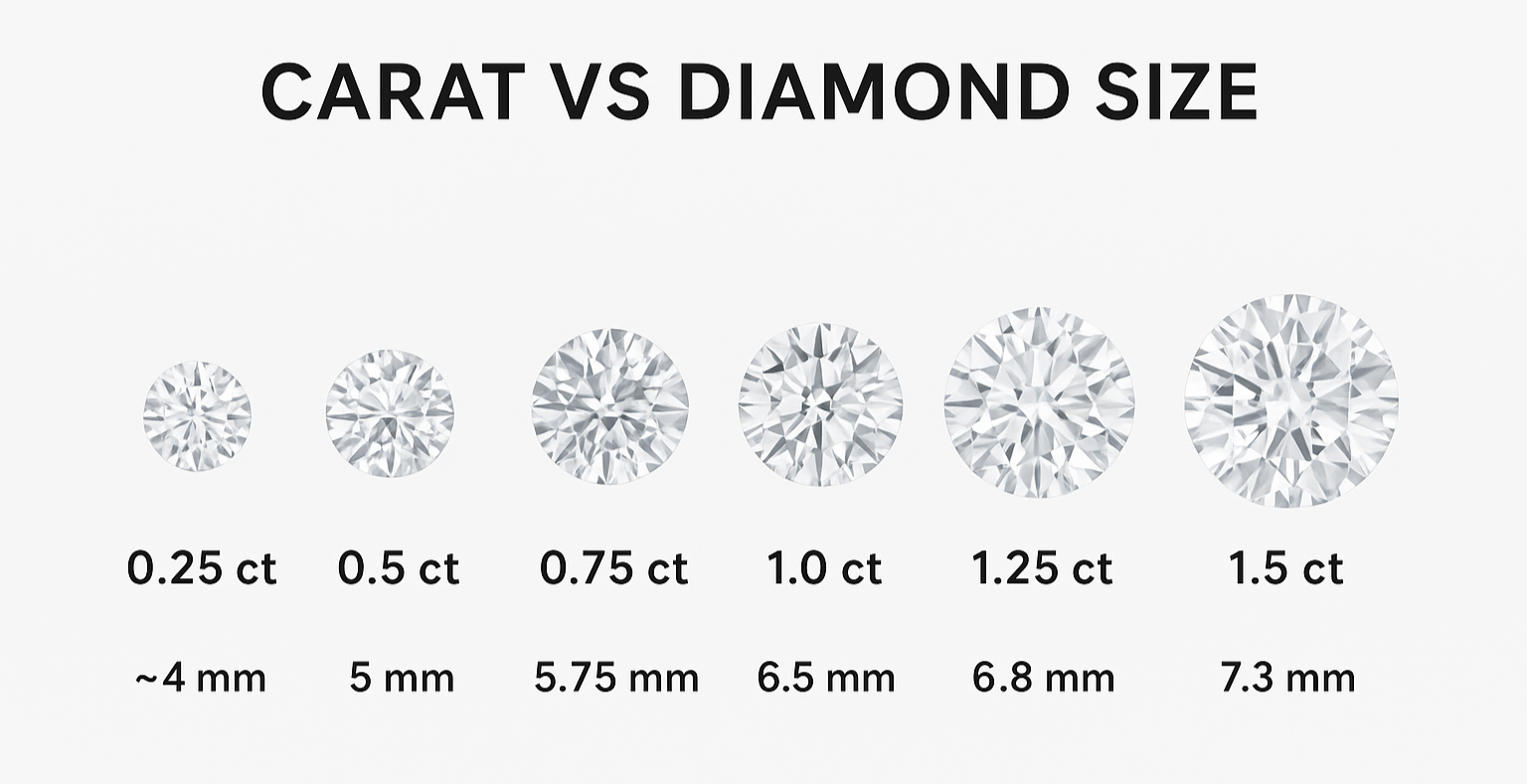 Chart comparing diamond sizes by carat weight to help buyers visualize proportions