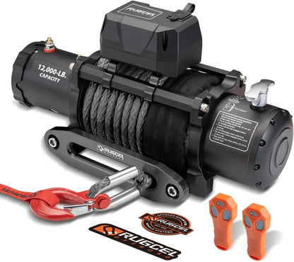 RUGCEL WINCH 12000lb 12V Truck Waterproof Electric Black Steel Rope Electric Winch with Roller Fairlead,Wired Handle,2 Infrared Remote Control, Trailer Winch