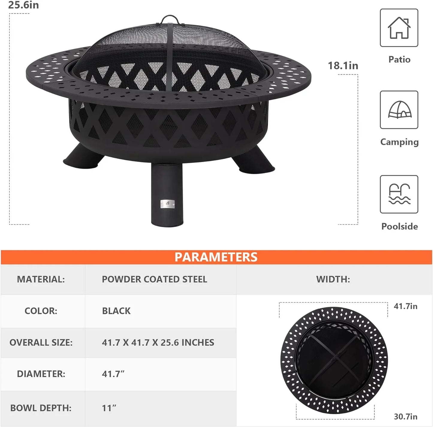 SUNCREAT 42” Patio Fire Pit Wood Burning with Mesh Spark Screen, Bonfire Outdoor firepit with Fireplace Poker, Black