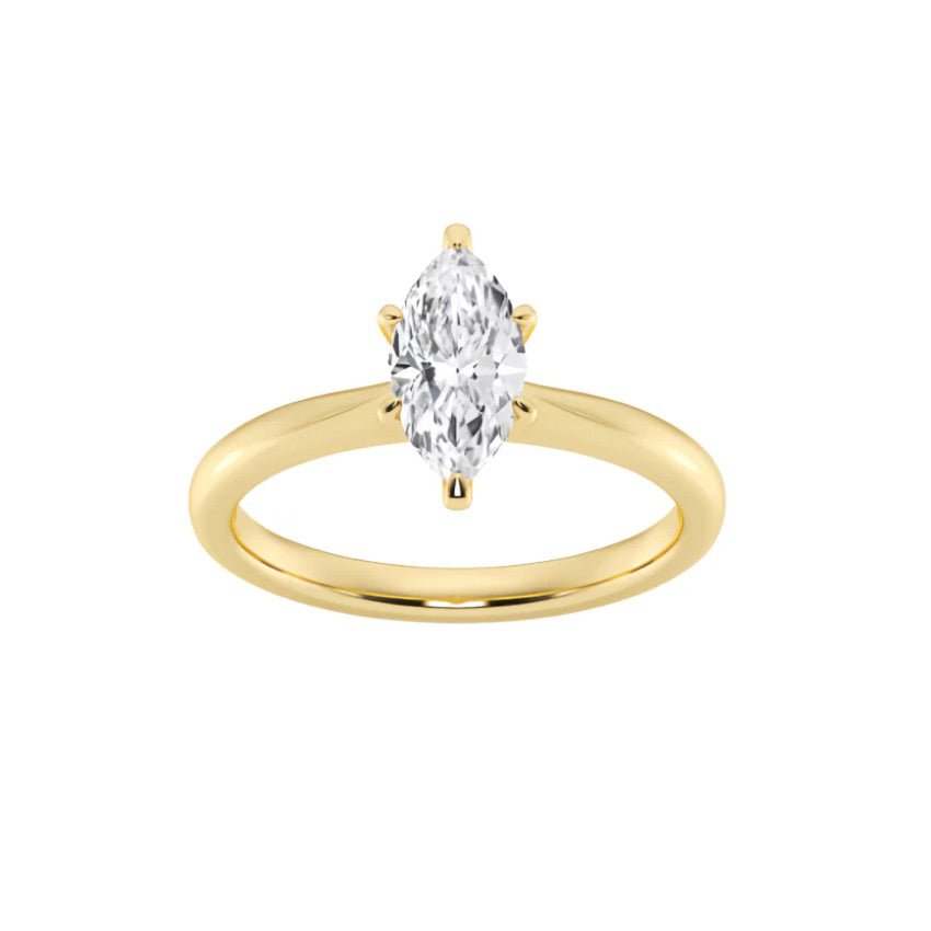1 carat 14k yellow gold marquise diamond engagement ring, lab grown and ethics