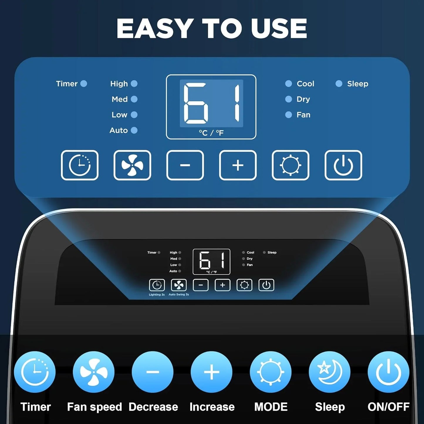 Portable Air Conditioners with Remote Control, 3-in-1 Free Standing Cooling AC Unit with Fan & Dehumidifier, Cools Room up to 700 sq.ft, Smart/Sleep Mode,3 Speed,Auto Swing,24H Timer