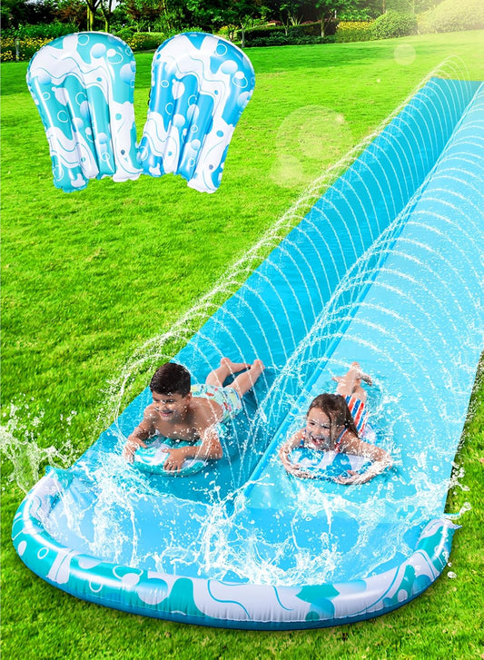 32.5FT Water Slide and 2 Inflatable Boards, Extra Long Double Lawn Heavy Duty Splash Mat Pad with Sprinkler for Kids Adults Backyard Summer Water Toy Outdoor Fun, Blue, Orange