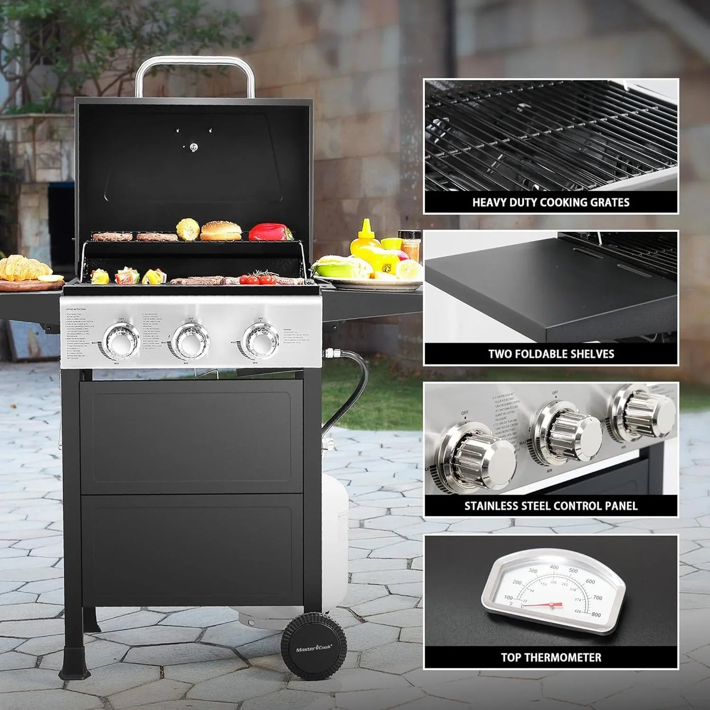 3 Burner BBQ Propane Gas Grill, Stainless Steel 30,000 BTU Patio Garden Barbecue Grill with Two Foldable Shelves