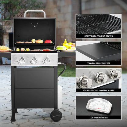 3 Burner BBQ Propane Gas Grill, Stainless Steel 30,000 BTU Patio Garden Barbecue Grill with Two Foldable Shelves