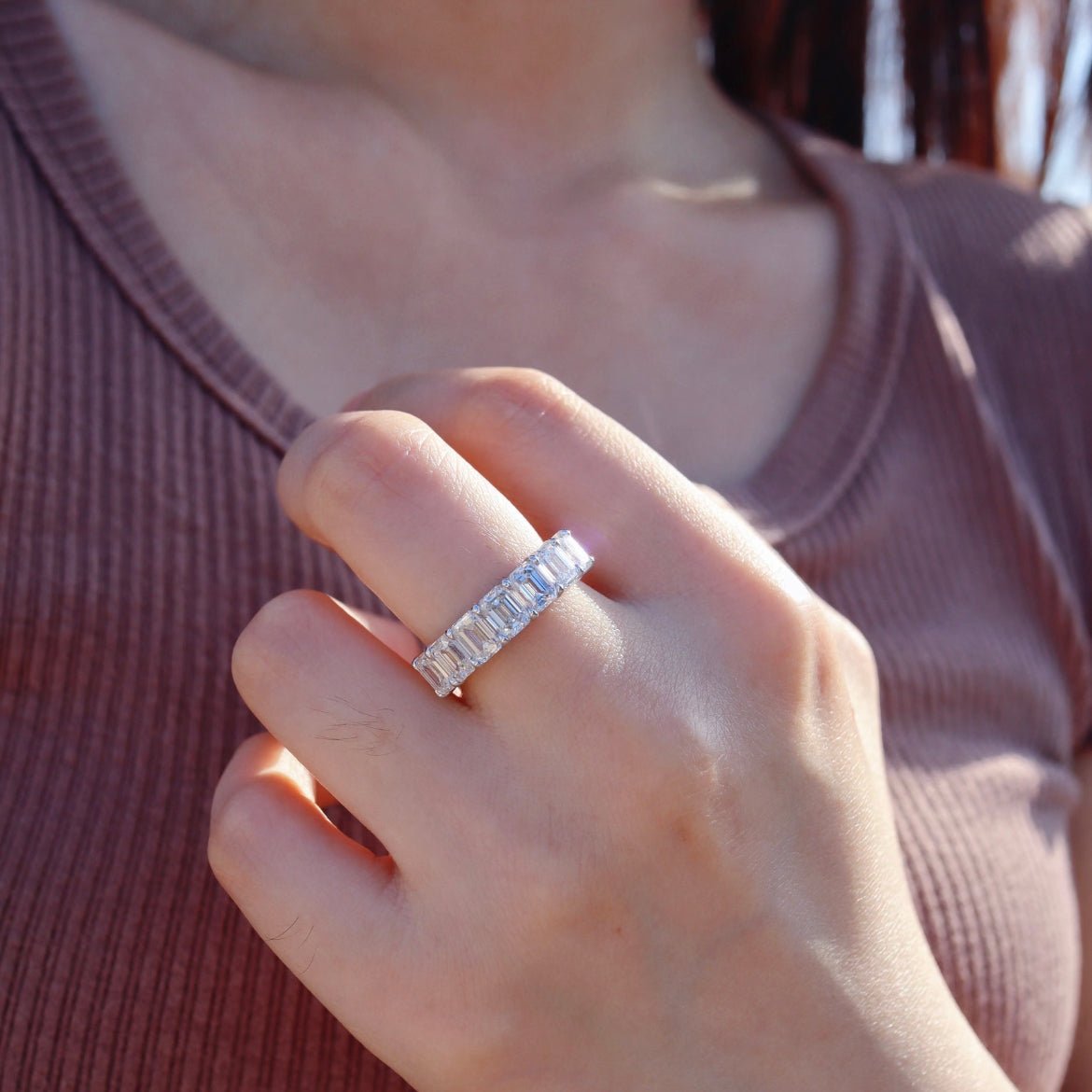 three carat white gold emerald cut diamond ring for everyday wear, sustainable and elegant