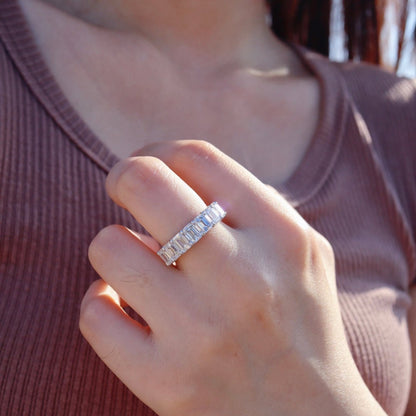 three carat white gold emerald cut diamond ring for everyday wear, sustainable and elegant