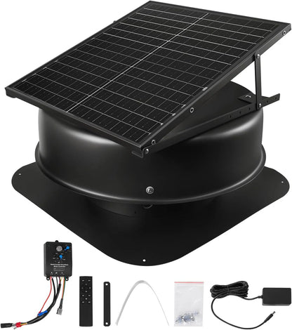 Roof attic exhaust fan, 50-watt intelligent solar roof ventilation fan, equipped with thermostat, remote control, 3000 cubic feet per minute airflow, built-in smoke sensor and automatic stop function (for cooling and dehumidification)