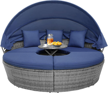 Outdoor daybed, rattan round daybed with sunshade canopy, patio set with cushions and adjustable coffee table, rattan patio furniture, suitable for backyard terraces, porches, and poolside (green color)