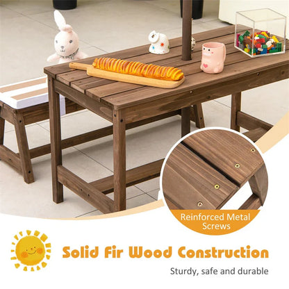 Wooden Kids Picnic Table Bench Set Children Outdoor Activity Table with Cushions & Height Adjustable Umbrella