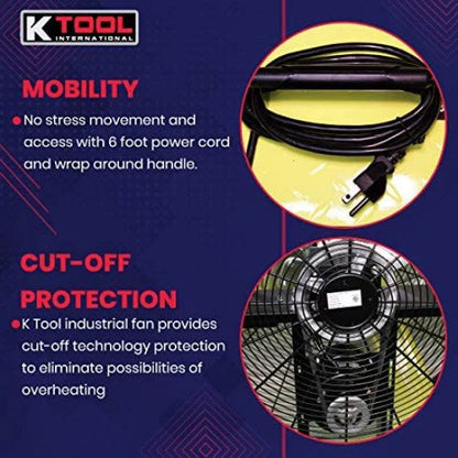 42′′ Belt Drive Drum Fan; Industrial, Garage, Shop, High Speed 2-Speed, Durable, Cut-Off Protection, Easy Mobility Rubber Wheels; SAFETY YELLOW.