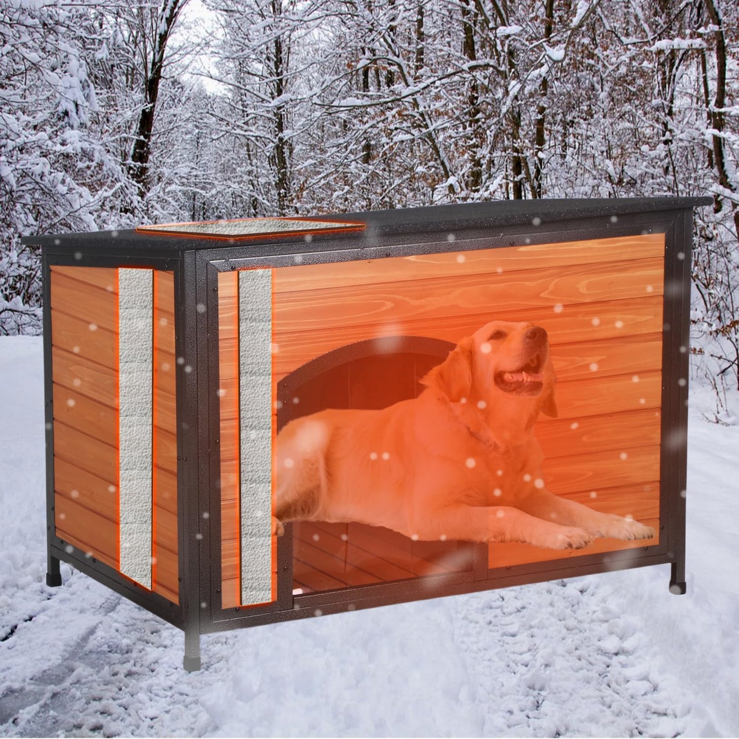43.3-inch L-shaped outdoor dog house with insulation feature, a dog shelter made of fully sealed foam material on all six sides, suitable for small, medium-sized and large dogs, equipped with a sturdy metal anti-bite frame, and featuring winter insul