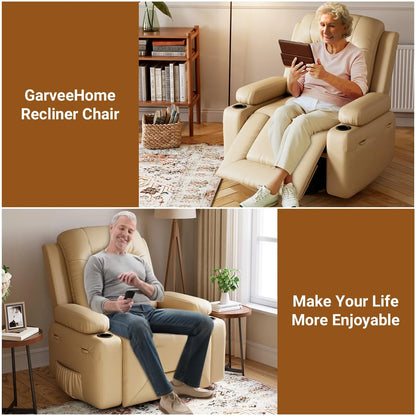 PU Leather Power Lift Recliner Chair With Massage and Heat, Adjustable Furniture for Back, Legs w/ 3 Positions, Usb Port, Side Pocket (Beige, 27 Seat Width+Cup Holders)