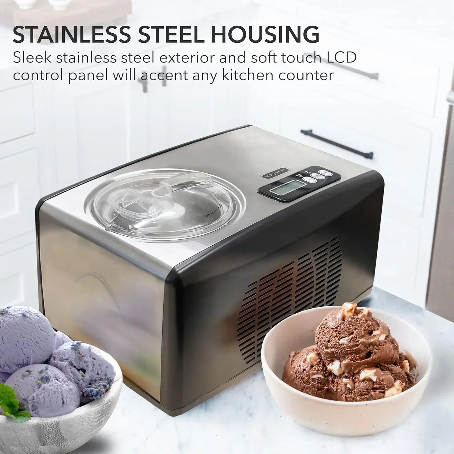 Automatic Ice Cream Maker, 1.6 Quart, Stainless Steel, Built-in Compressor, LCD Display, Timer, Black/Pink