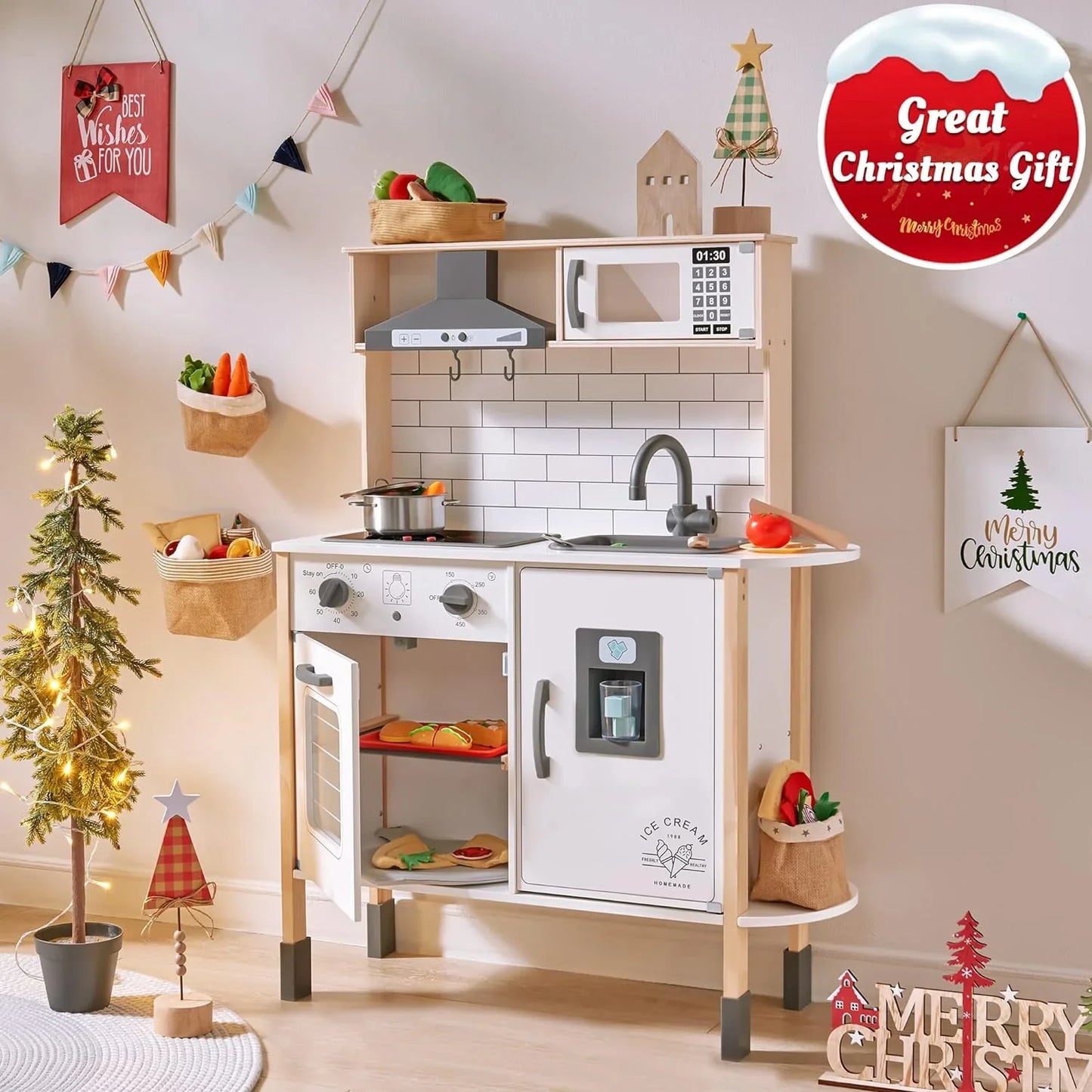 Children's small land play kitchen, wooden children's play kitchen toy set