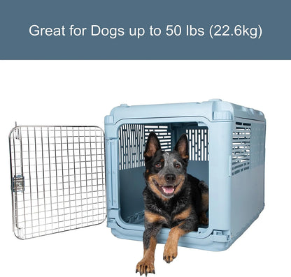 SportPet Designs Plastic Kennels Rolling Plastic Airline Approved Wire Door Travel Dog Crate, XXX-Large, Gray