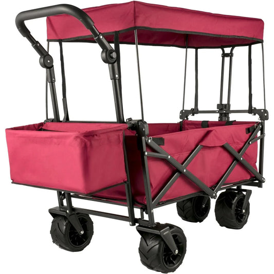 Red Collapsible Wagon Cart with Canopy, 360掳 Wheels, Adjustable Handles, 220 lbs Capacity for Beach & Garden
