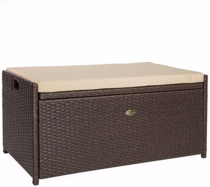 Outdoor Storage Bench Rattan Style Deck Box Wicker Patio Furniture Water Resistance w/Seat Cushion, 60-Gallon, Brown