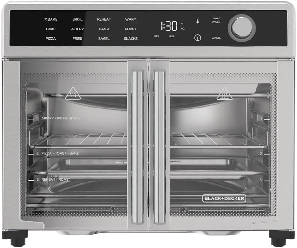 Air Fryer Toaster Oven Combo, 12 in 1 Countertop Convection Oven Cooks Food Fast, Fits a Whole Pizza or 6 Toast Slices, French Doors with Stainless Steel Finish.