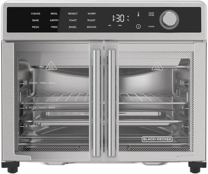 Air Fryer Toaster Oven Combo, 12 in 1 Countertop Convection Oven Cooks Food Fast, Fits a Whole Pizza or 6 Toast Slices, French Doors with Stainless Steel Finish.