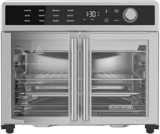 Air Fryer Toaster Oven Combo, 12 in 1 Countertop Convection Oven Cooks Food Fast, Fits a Whole Pizza or 6 Toast Slices, French Doors with Stainless Steel Finish.