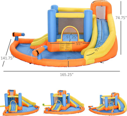 Kids Inflatable Water Slide 5-in-1 Bounce House Water Park Jumping Castle with Water Pool, Slide, Climbing Walls, & 2 Water Cannons, 450W Air Blower