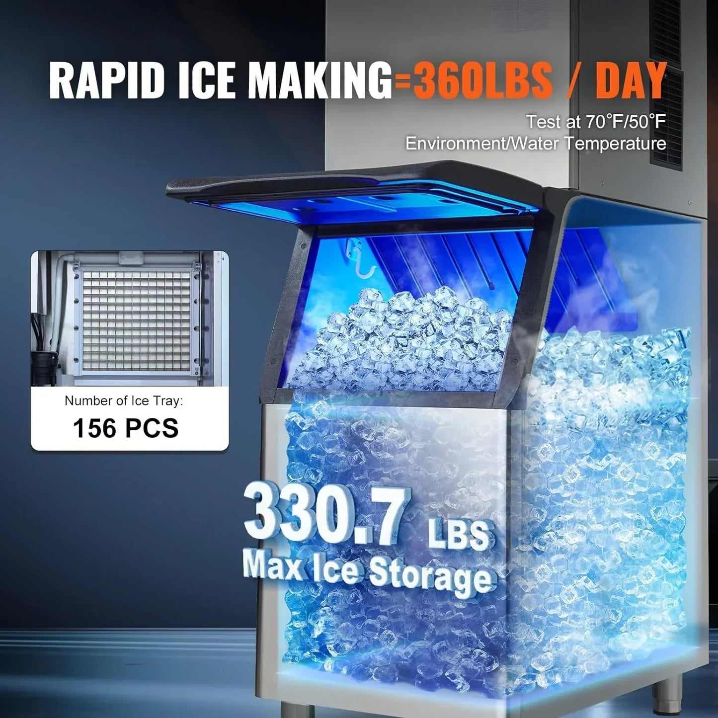 VEVOR Commercial Ice Maker, 360LBS/24H Ice Making Machine with 330.7LBS Large Storage Bin
