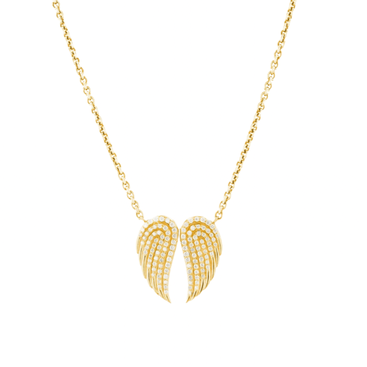 round brilliant lab grown diamond necklace for women, with angle wing design in 9k gold chain