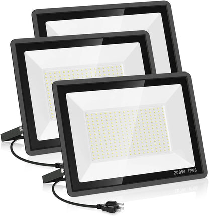 3 Pack 200W LED Flood Light,Super Bright Exterior Security Lights With Plug,IP66 Waterproof Outdoor Flood Light, 22800lm 5000K Daylight White Floodlight for Yard, Garden,Basketball Court, Arena