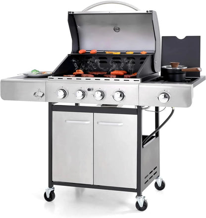 Burner Gas grill with side burner and enameled cast iron grille 42,000BTU outdoor cooking stainless steel propane grill Garden grill, silver