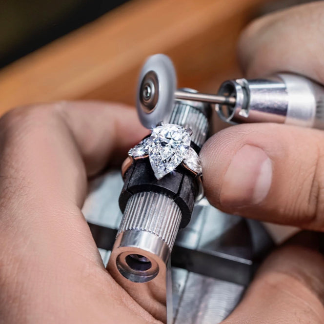 Ring polishing and rhodium plating process enhancing shine, color, and durability in fine jewelry