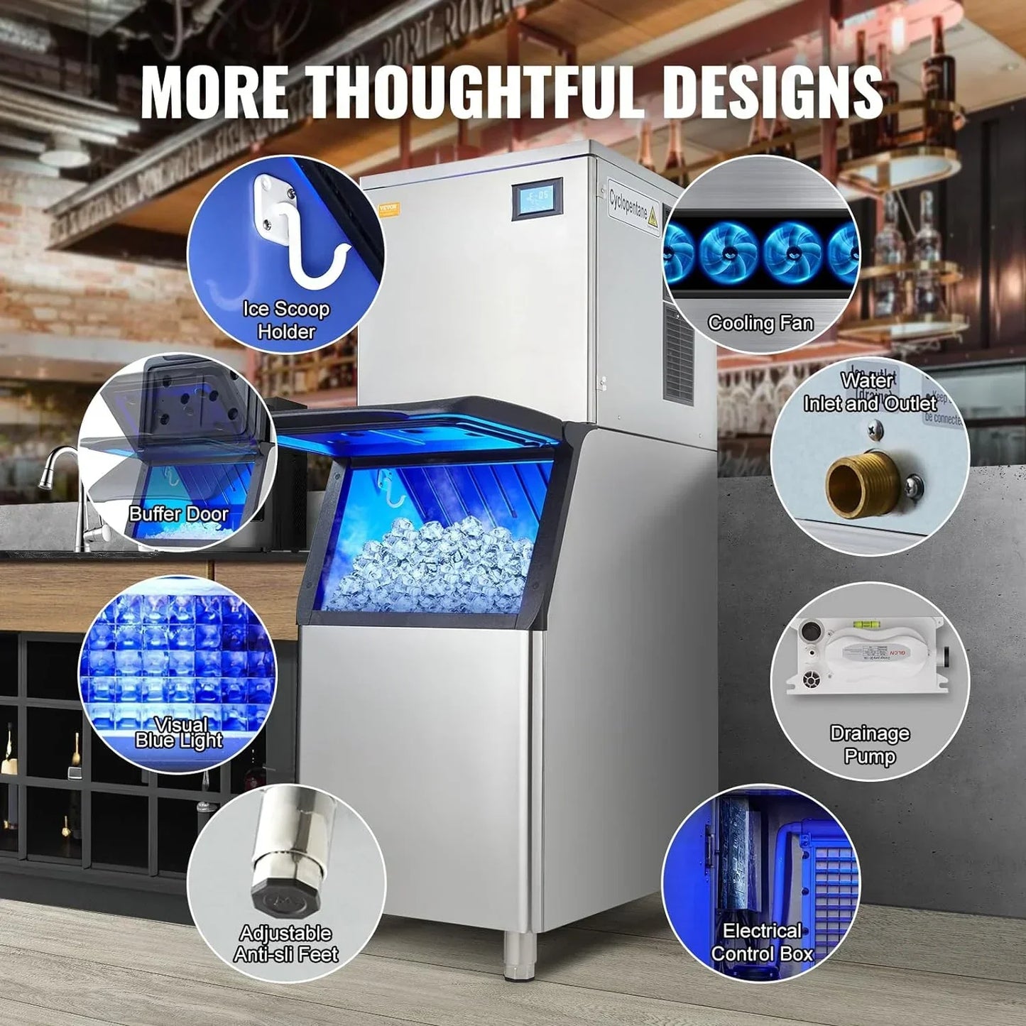 VEVOR Commercial Ice Maker, 360LBS/24H Ice Making Machine with 330.7LBS Large Storage Bin
