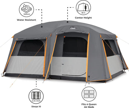 Straight Wall Cabin Tents | 10 Person / 11 Person / 12 Person Large Multi Room Family Tents for Car Camping & Outdoor Adventures