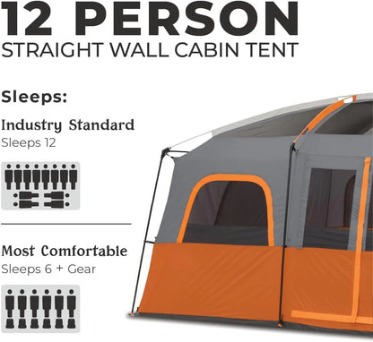Straight Wall Cabin Tents | 10 Person / 11 Person / 12 Person Large Multi Room Family Tents for Car Camping & Outdoor Adventures