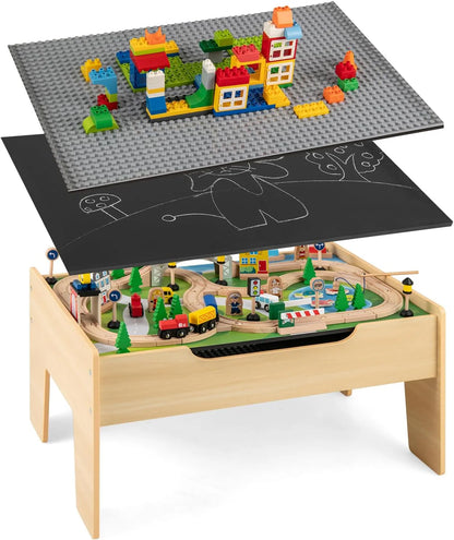 The dual-function wooden children's activity table with storage function, featuring 100 colorful components, tracks, trains, and cars, is a children's train table set suitable for children aged 3 and above. It has a flip-up tabletop and is a gift for