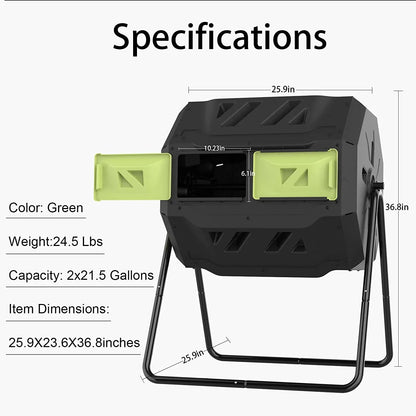 Large Compost Tumbler Bin Dual Compartment Better AirCirculation Efficient Compost BPA Free Sturdy Steel Frame 43Gallon (2 21.5Gal) Blue Door
