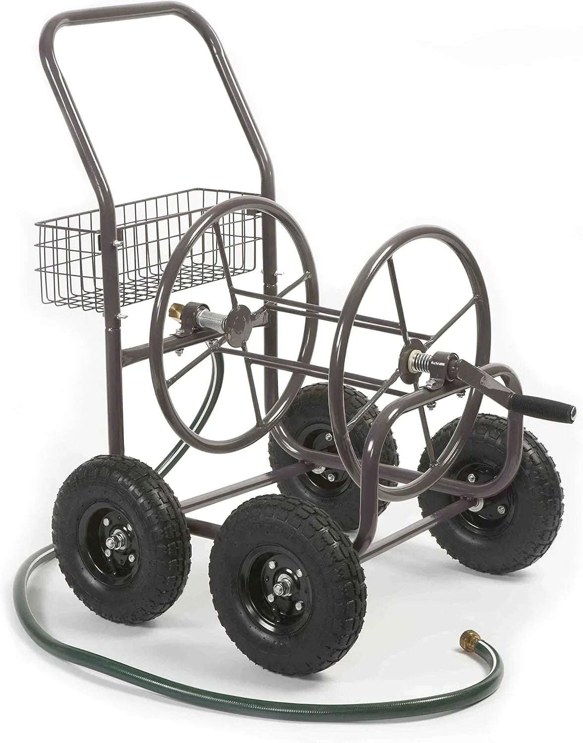 Residential Grade Four Wheel 250 Foot Capacity Steel Frame Water Hose Reel Cart with Basket for Backyard, Garden, or Home, Brown, Bronze