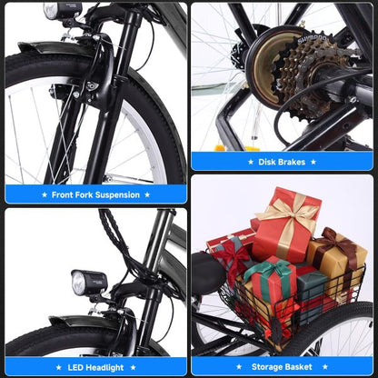 26 Inch Adult 3 Wheel Electric Tricycle with Basket, Fat Tires,7 Speeds,350W Powerful Motor, 36V 10Ah Removable Battery – Dark Gray