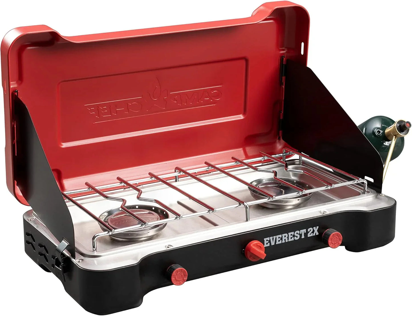 High Output Two-Burner Camp Stove - Lid Doubles as Windscreen - Portable Cooking Stove - For Outdoor Cooking - 20,000 BTU Burners - 215 Sq In Cooking Area