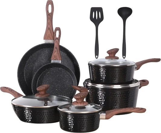 Induction Cookware Sets - 12 Piece Cooking Pan Set, Granite Black Nonstick Pots and Pans Set