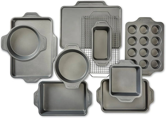 Nonstick Bakeware Set 10 Piece Oven Safe 450F Half Sheet, Cookie Sheet, Muffin Pan, Cooling & Baking Rack, Round Cake Pan, Loaf Pan, Baking Pan Grey