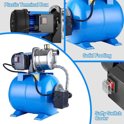 1.6HP Shallow Well Pump with Pressure Tank 1268 GPH Stainless Steel Jet Pump Transfer Drainage Booster Pump Garden Sprinkler System Water Pump for Home Garden Lawn Irrigation
