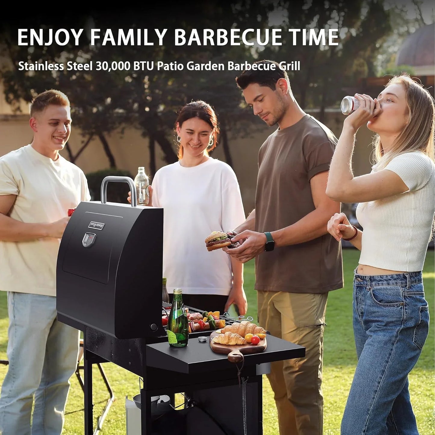 3 Burner BBQ Propane Gas Grill, Stainless Steel 30,000 BTU Patio Garden Barbecue Grill with Two Foldable Shelves